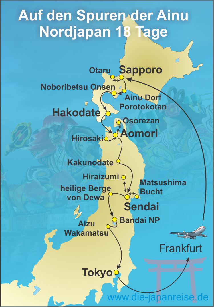 Reiseroute der Nordjapan Reise: Auf den Spuren der Ainu