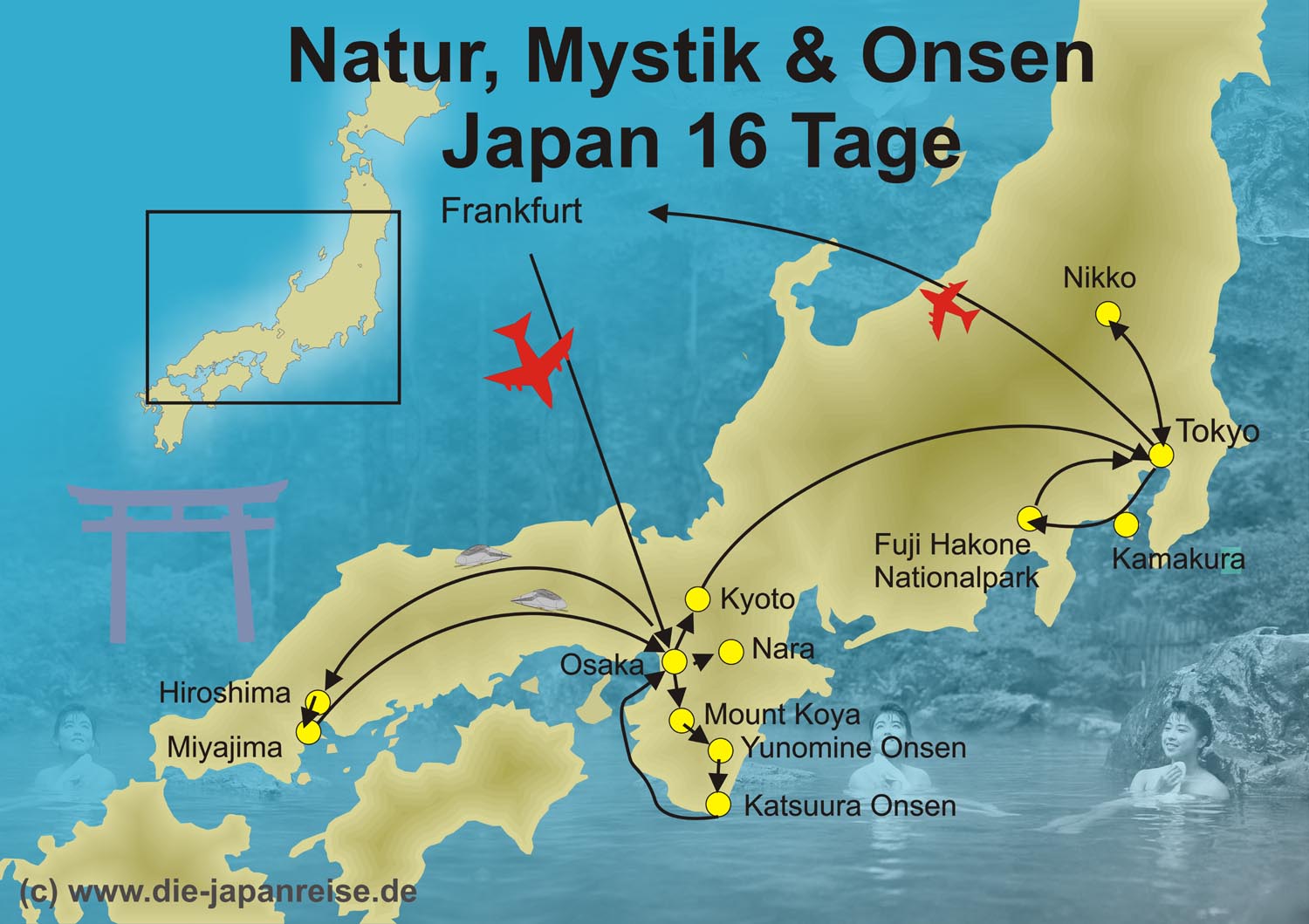 Rundreise Route der Mystik Tour mit Tempelaufenthalt, traditionellem Ryokan und deutschem Reiseleiter.